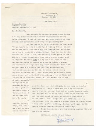 A TLS from the Canadian anarchist and writer, George Woodcock. George Woodcock.