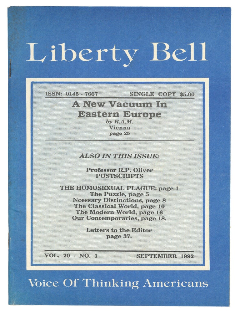 Item #15351 The Liberty Bell, Vol. 20, No. 1, September 1992. George P. Dietz, Revilo P. Oliver, contributor.