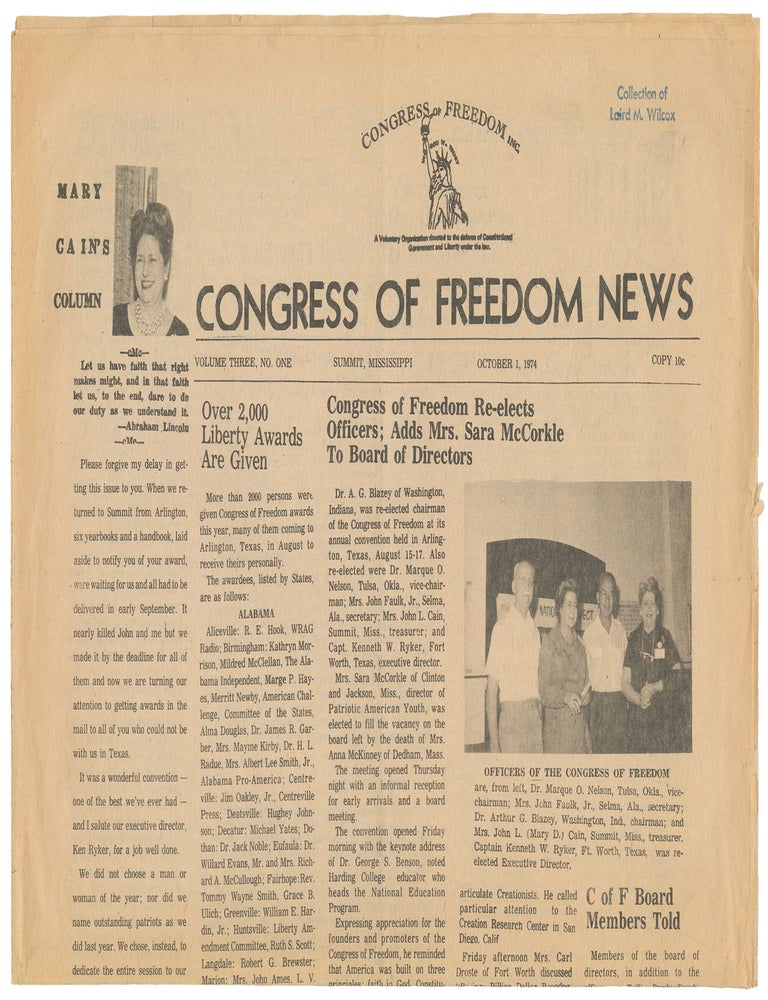 Item #15420 Congress of Freedom News, Vol. 3, No. 1 (Oct. 1, 1974). Mary Cain, contributor.