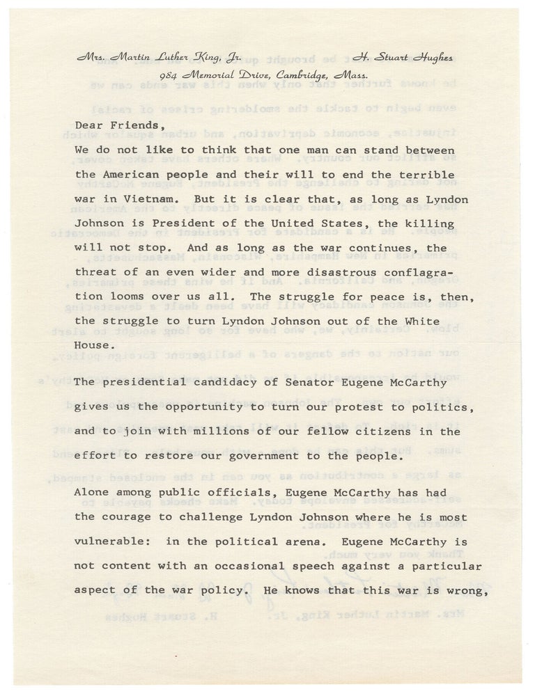 Item #15431 Fundraising appeal endorsing Eugene McCarthy's antiwar Presidential campaign. Coretta Scott King, H. Stuart Hughes.