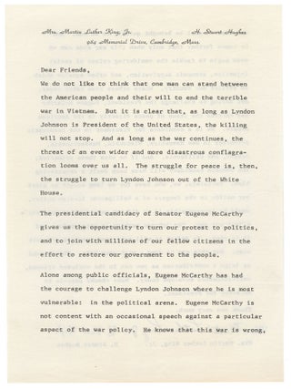 Fundraising appeal endorsing Eugene McCarthy's antiwar Presidential campaign
