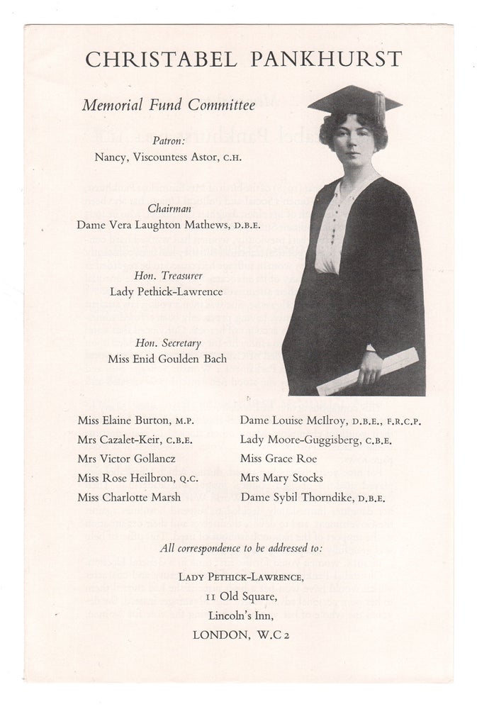 Item #8458 Christabel Pankhurst Memorial Fund Solicitation. Lady Pethick-Lawrence.