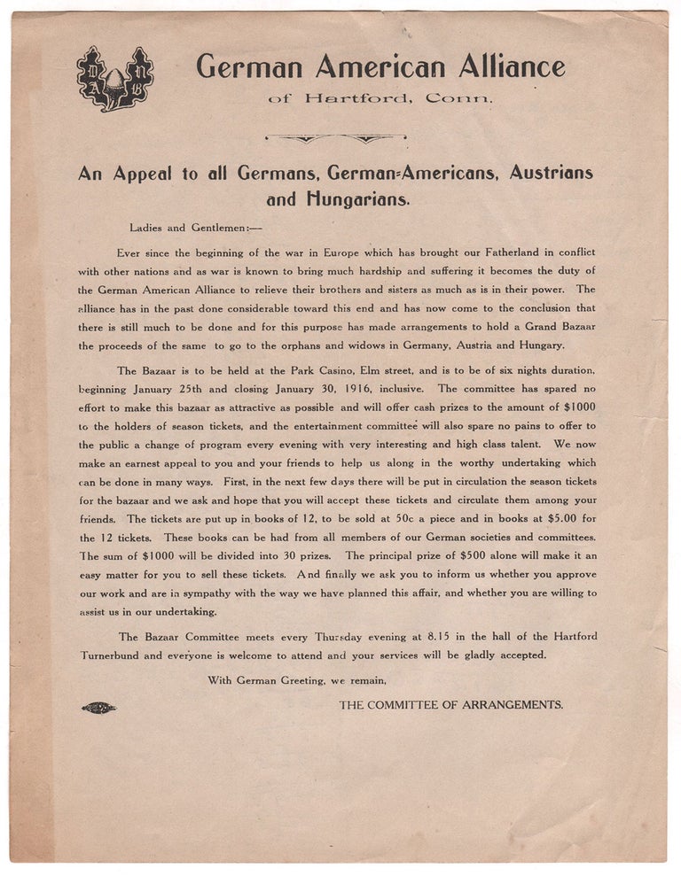 Item #8576 An Appeal to all Germans, German-Americans, Austrians and Hungarians. The Committee of Arrangements.