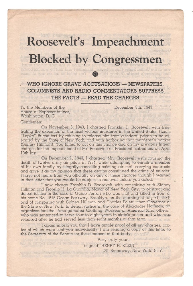 Item #8821 Roosevelt's Impeachment Blocked By Congressmen. Henry H. KLEIN.
