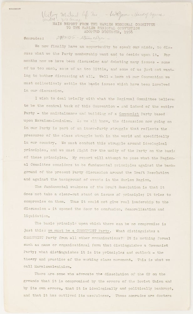 Item #9299 Main Report from the Harlem Regional Committee to the Harlem Regional Convention, Adopted December, 1956