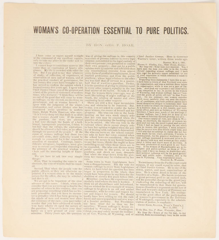 Item #9515 Woman's Co-operation Essential to Pure Politics. Hon. Geo. F. Hoar.