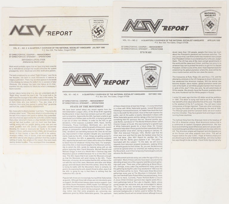 Item #9713 NSV Report: A Quarterly Review of the National Socialist Vanguard (three issues). R. E. Cooper, D. H. Stewart, David Lane, contributor.