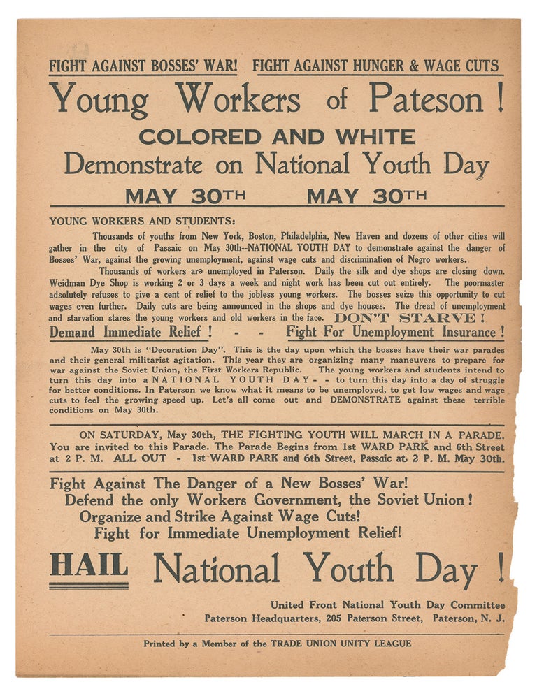 Item #9837 Young Workers of Pateson [sic]! Colored and White - Demonstrate on National Youth Day, May 30th