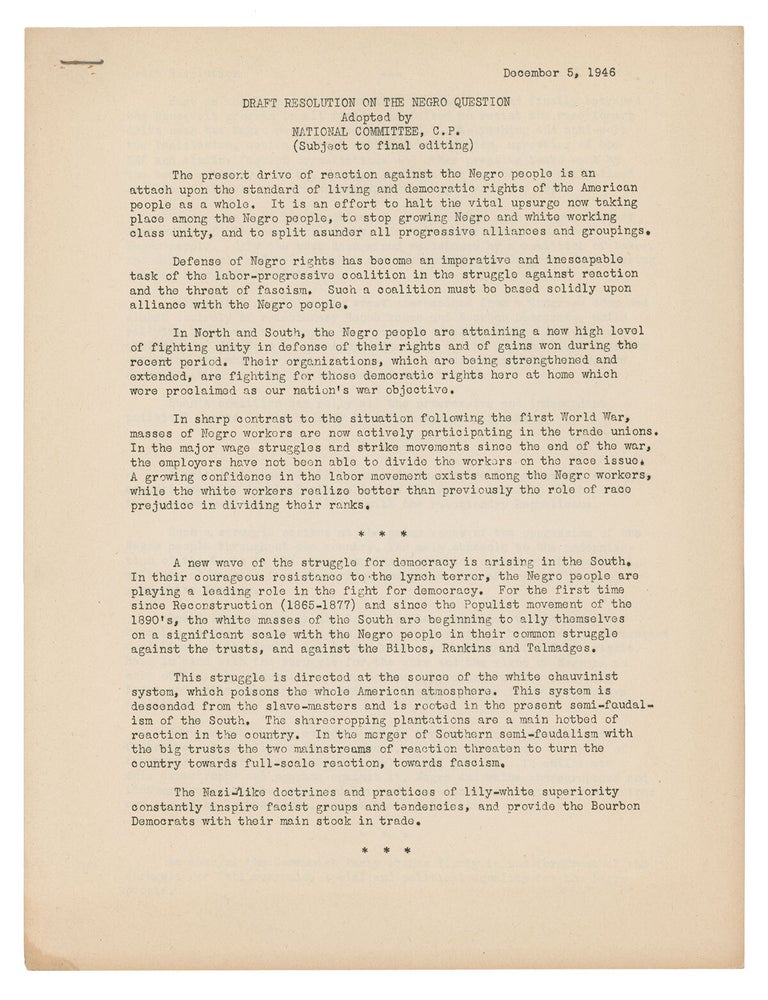 Item #9862 Draft Resolution on the Negro Question. C. P National Committee.