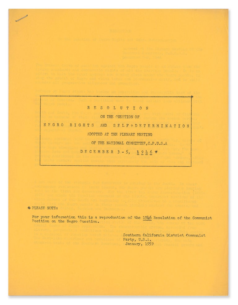 Item #9875 Resolution on the Question of Negro Rights and Self-Determination Adopted at the Plenary Meeting of the National Committee, C.P.U.S.A., December 3-5, 1946