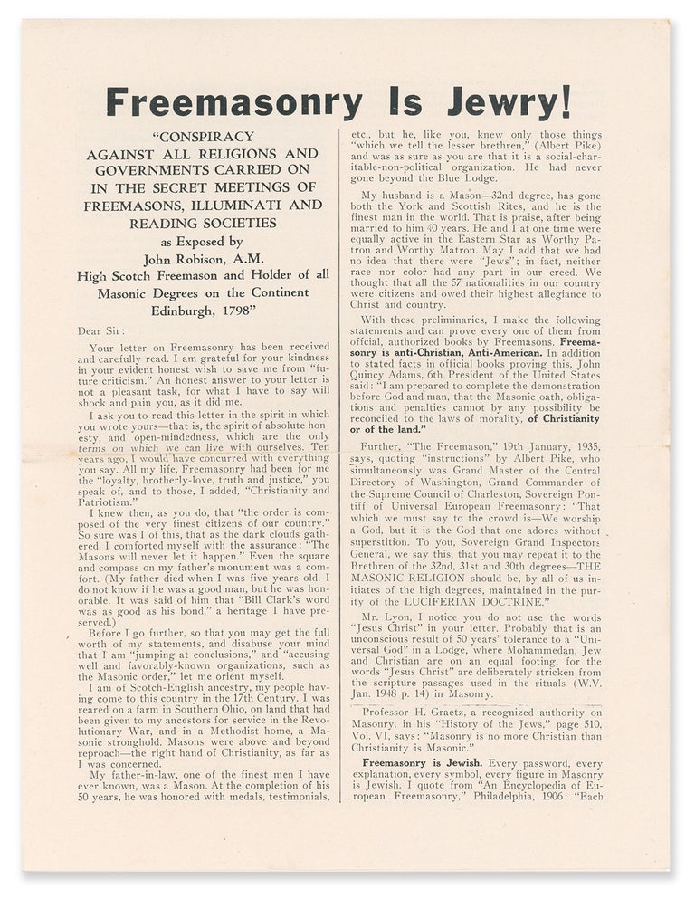 Item #9975 Freemasonry is Jewry! Lyrl Clark Van Hyning.